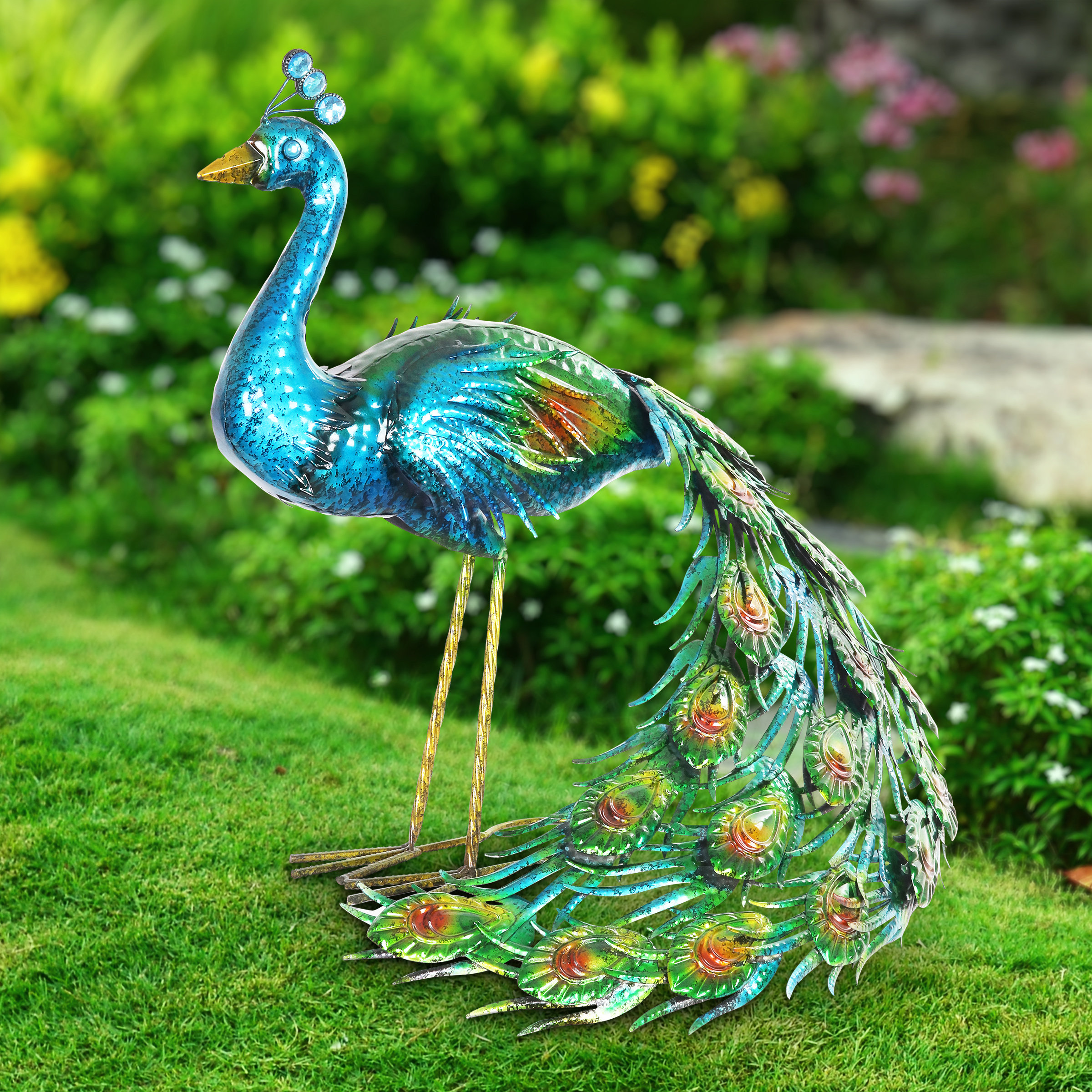 Exhart Hand Painted Majestic Standing Peacock Garden Statue, 15 by